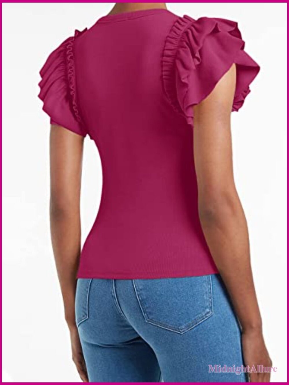 Slim Fit High Neck Knit Ribbed Ruffle Short Sleeve Tee - Picture 3 of 4